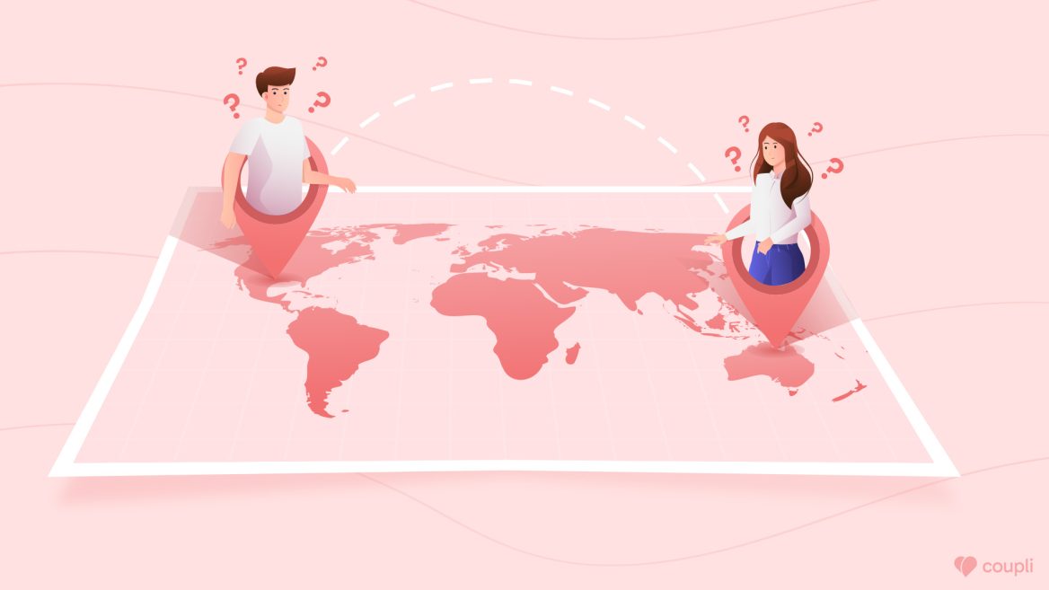 Mann und Frau befinden sich auf der Weltkarte weit entfernt