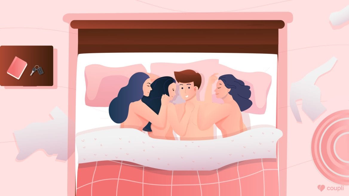 Mann mit drei Ehefrauen im Bett